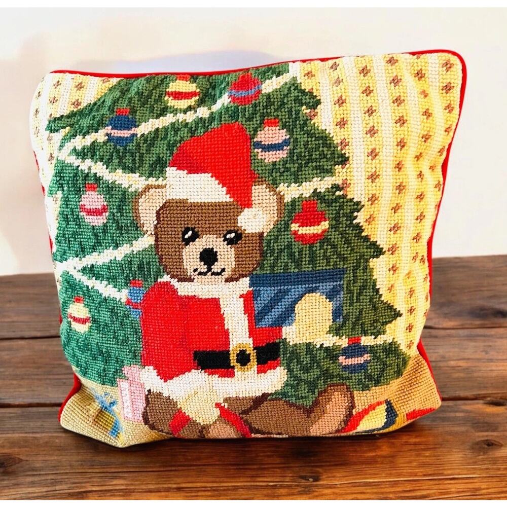 NEW Vintage Needlepoint Velvet Christmas Santa Bear Pillow BM JABARA 1779-19